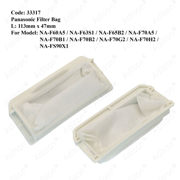 Code: 33317 Panasonic 113x47 Filter Bag For NA-F60A5 / NA-F63S1 / NA-F65B2 / NA-F70A5 / NA-F70B1 / NA-F70B2 / NA-F70G2 / NA-F70H2 / NA-FS90X1 Filter Bag / Magic Filter Washing Machine Parts Melaka, Malaysia Supplier, Wholesaler, Supply, Supplies | Adison Component Sdn Bhd