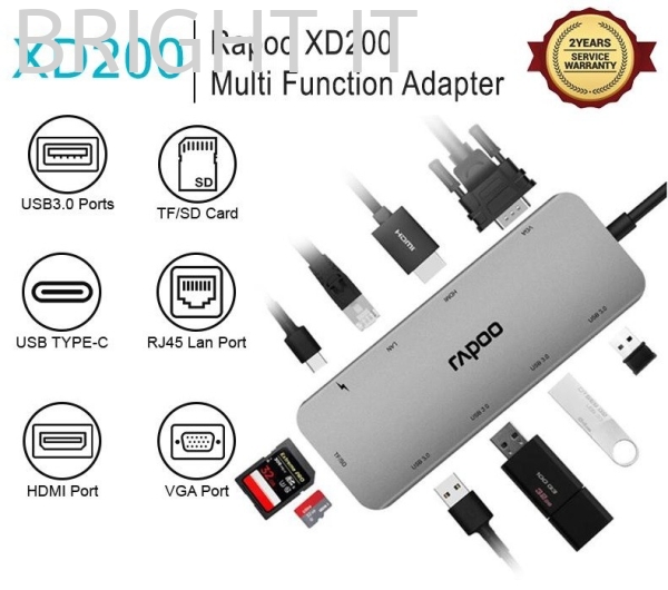 RAPOO XD200C USB-C MULTI FUNCTION ADAPTER 10 in 1 (VGA, HDMI, RJ45, SD CARD READER, USB 2.0-3.0 4-PORT) Rapoo Computer Accessories Product Melaka, Malaysia, Batu Berendam Supplier, Suppliers, Supply, Supplies | BRIGHT IT SALES & SERVICES