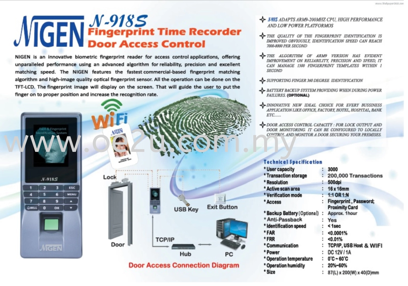 NIGEN N-918S Fingerprint Time Attendance & Door Access System (Software Reporting & WiFi Connection)