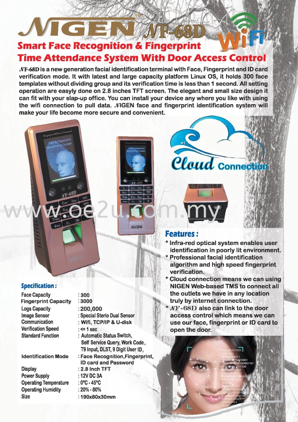 NIGEN NF-68D Face Recognition & Fingerprint Time Attendance & Door Access System (Software Reporting & WiFi Connection)