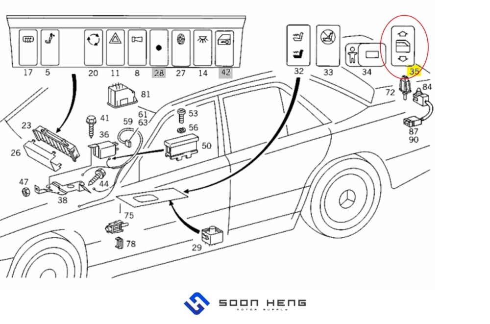 Mercedes-Benz W124 and S124 - Rear Left Electric Window Regulator Switch at Door Garnish Moulding (Original MB)