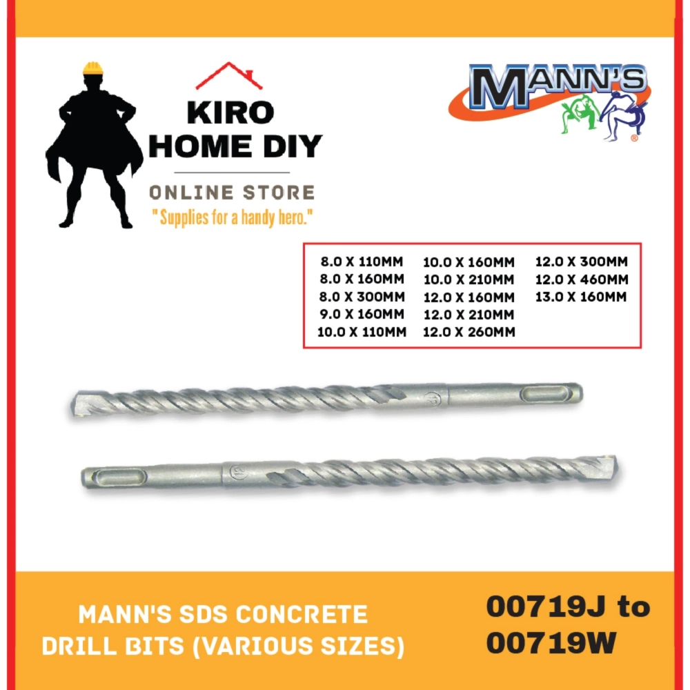 MANN'S SDS Concrete Drill Bits (Various Sizes) - 00719J/ 00719K/ 00719L/ 00719M/ 00719N/ 00719O/ 00719P/ 00719R/ 00719S/ 00719T/ 00719U/ 00719V/ 00719W