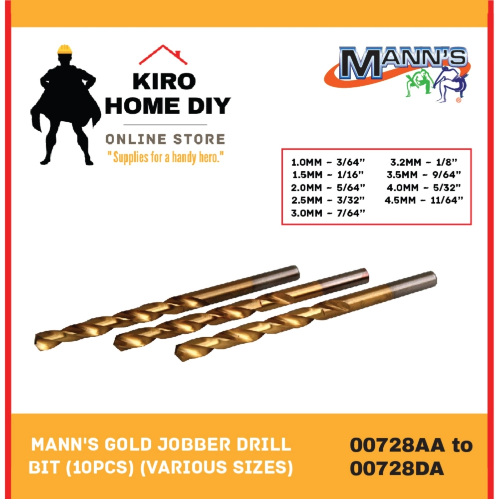 MANN'S (10 PCS)  1.0mm - 4.5mm Gold Jobber Drill Bit - 00728AA/ 00728AB/ 00728AC/ 00728ADZ/ 00728AE/ 00728A/ 00728B/ 00728C/ 00728DA