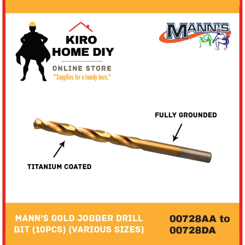 MANN'S (10 PCS)  1.0mm - 4.5mm Gold Jobber Drill Bit - 00728AA/ 00728AB/ 00728AC/ 00728ADZ/ 00728AE/ 00728A/ 00728B/ 00728C/ 00728DA