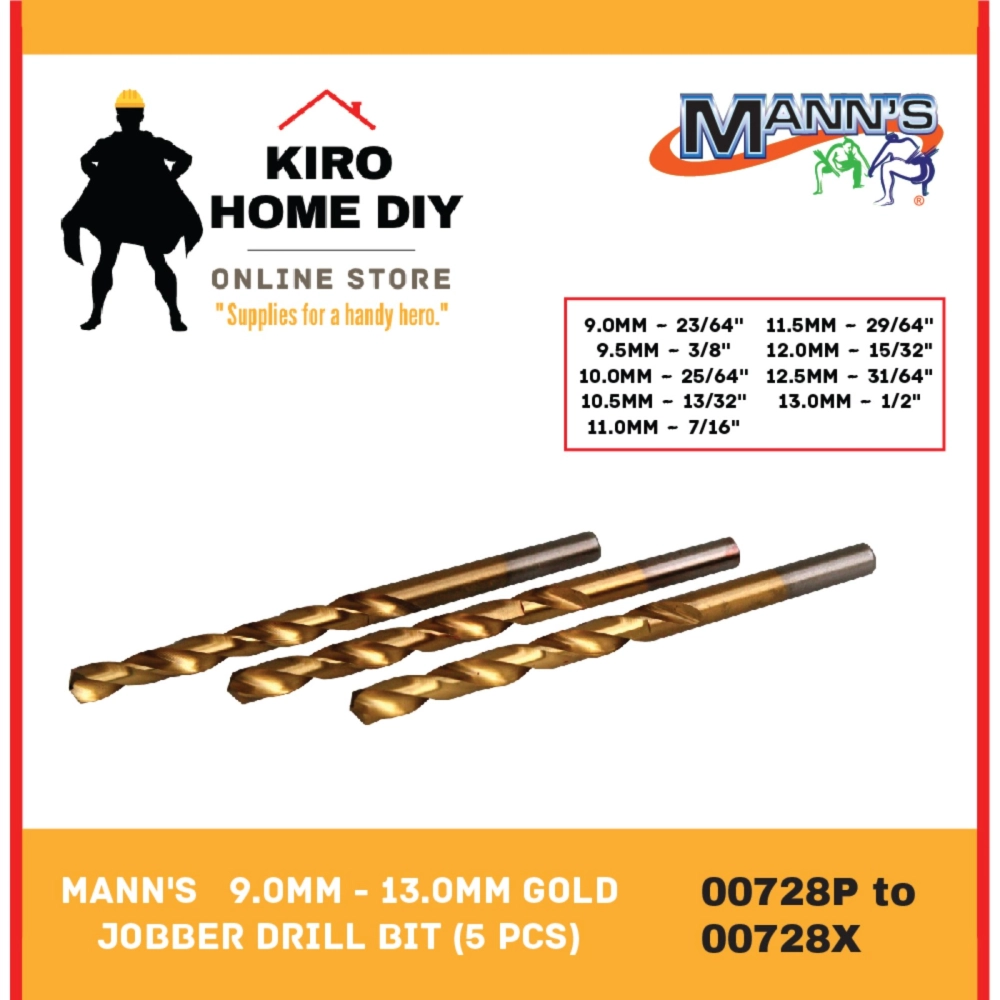 MANN'S (5 PCS) 9.0mm - 13.0mm Gold Jobber Drill Bit   - 00728P/ 00728Q/ 00728R/ 00728S/ 00728T/ 00728U/ 00728V/ 00728W/ 00728X