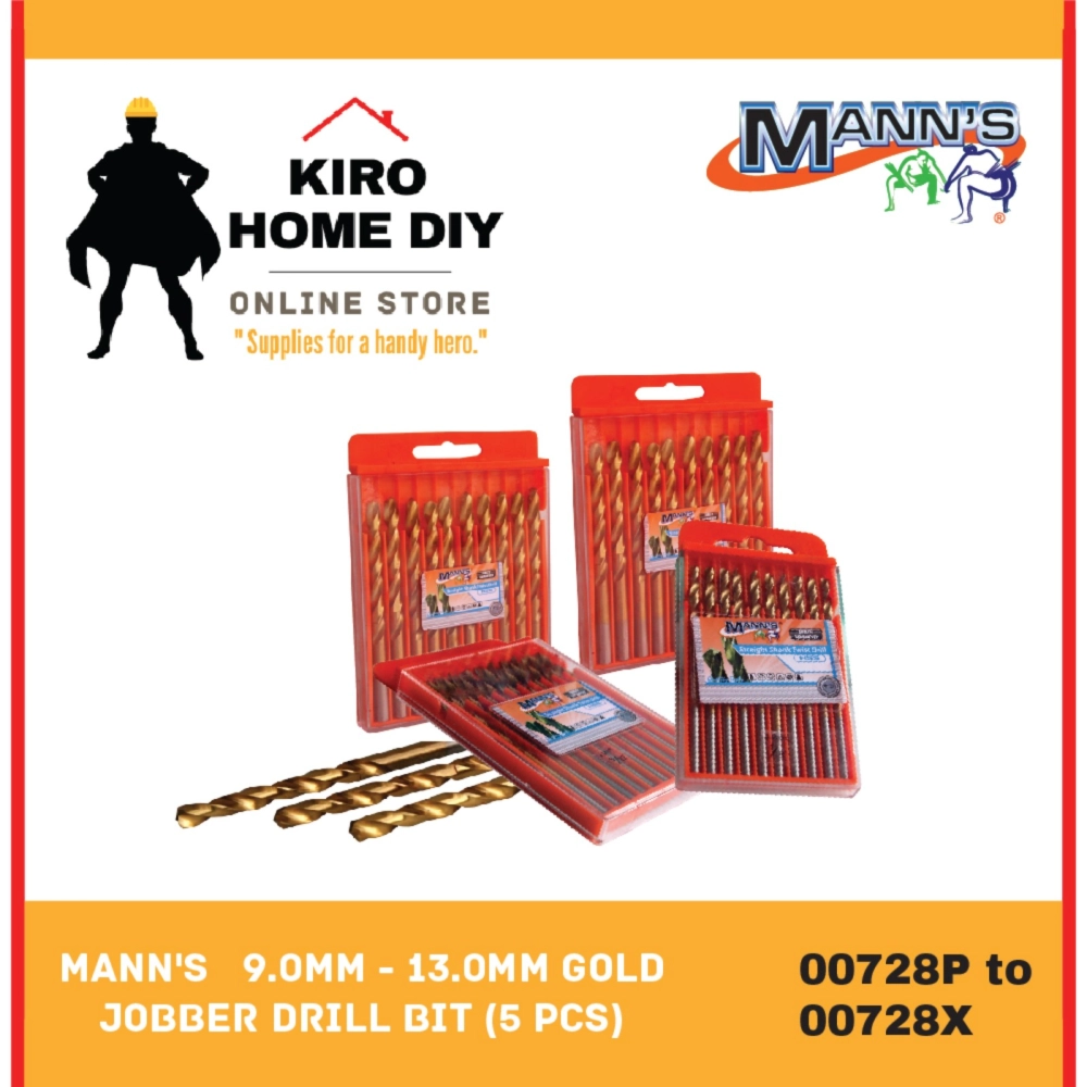 MANN'S (5 PCS) 9.0mm - 13.0mm Gold Jobber Drill Bit   - 00728P/ 00728Q/ 00728R/ 00728S/ 00728T/ 00728U/ 00728V/ 00728W/ 00728X