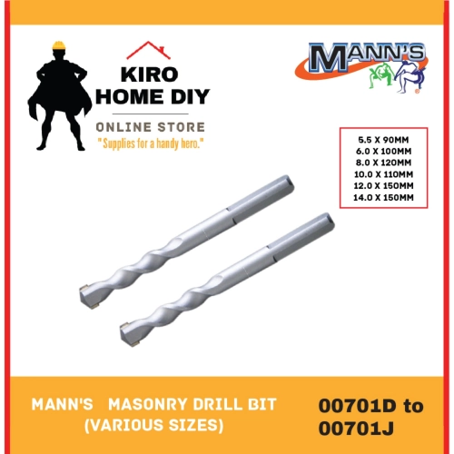 MANN'S   Masonry Drill Bit  (Various Sizes) - 00701D/ 00701E/ 00701G/ 00701H/ 00701I/ 00701J