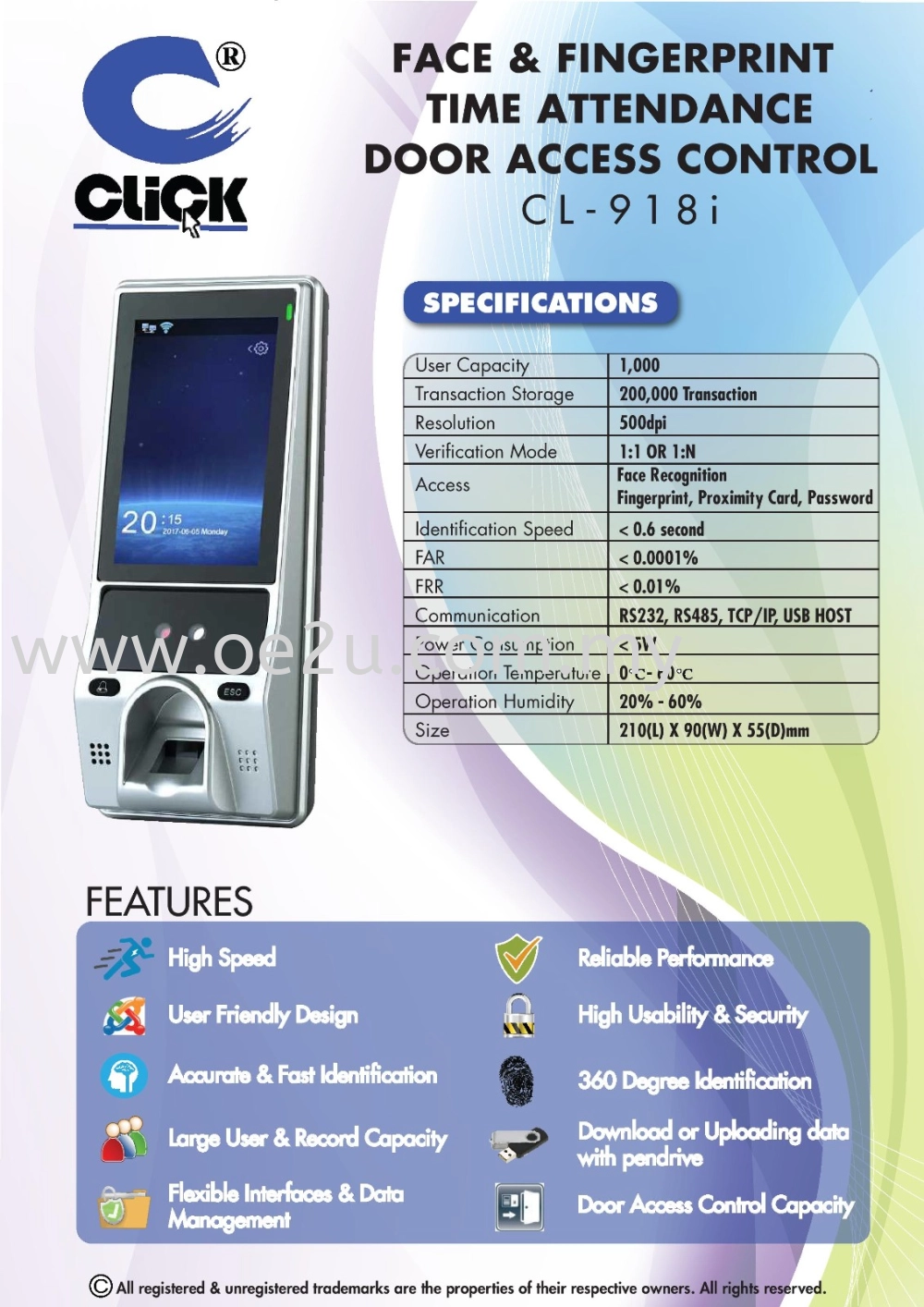 CLICK CL-918i Face Recognition & Fingerprint Time Attendance & Door Access System (Software Reporting)