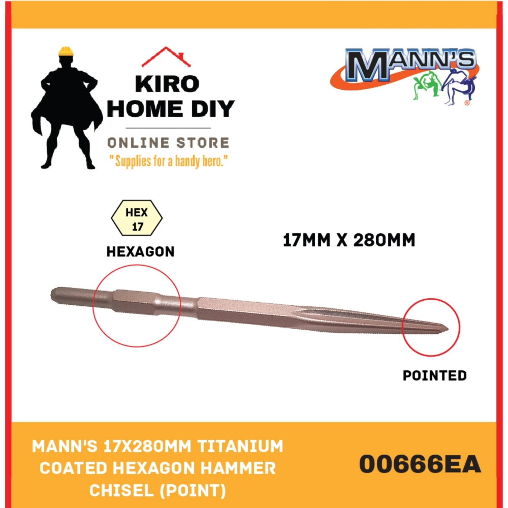 MANN'S 17x280mm Titanium Coated Hexagon Hammer Chisel (Point) - 00666EA