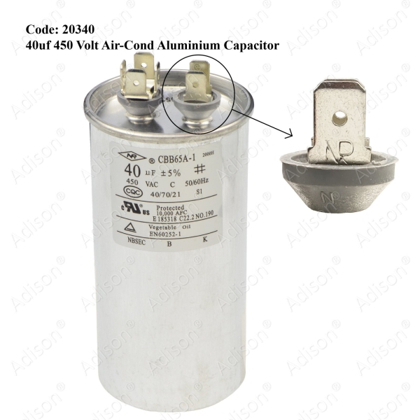 Code: 20340 40 uf 450 Volt Air-Cond Aluminium Capacitor Air Conditioner Aluminium Capacitor Capacitor Parts Melaka, Malaysia Supplier, Wholesaler, Supply, Supplies | Adison Component Sdn Bhd