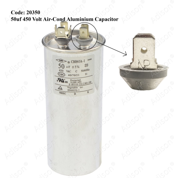 Code: 20350 50 uf 450 Volt Air-Cond Aluminium Capacitor Air Conditioner Aluminium Capacitor Capacitor Parts Melaka, Malaysia Supplier, Wholesaler, Supply, Supplies | Adison Component Sdn Bhd