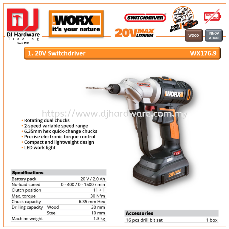 Worx Power Share 20V Cordless Hex Impact Driver, Tool Only