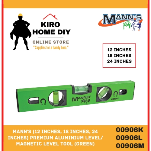 MANN'S Premium Aluminium Level/ Magnetic Level Tool (12 Inches/18 Inches/24 Inches)(Green) - 00906K/ 00906L/ 00906M