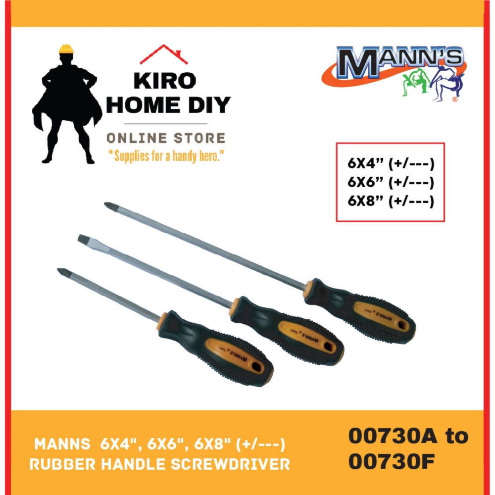 MANN'S  6x4", 6x6", 6x8" (+/---) Rubber Handle Screwdriver - 00730A/ 00730B/ 00730C/ 00730D/ 00730E/ 00730F