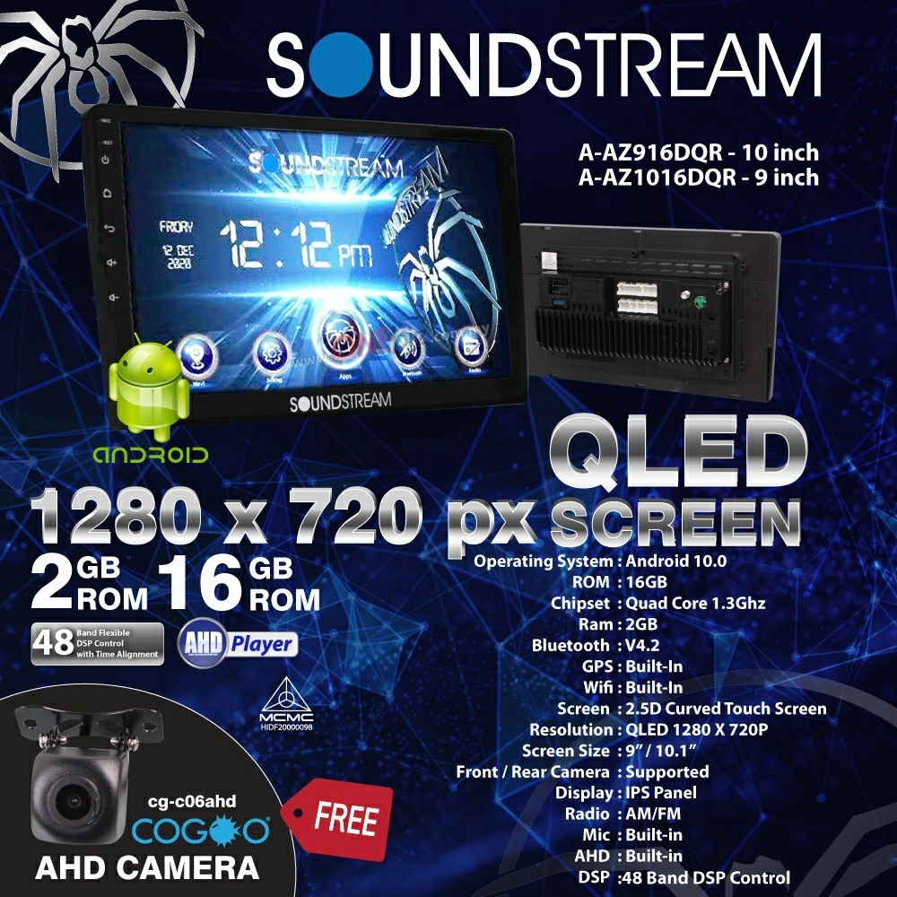Soundstream QLED Screen 1280 x 720px 2 GB RAM + 16 GB ROM A-AZ916DQR / A-AZ1016DQR