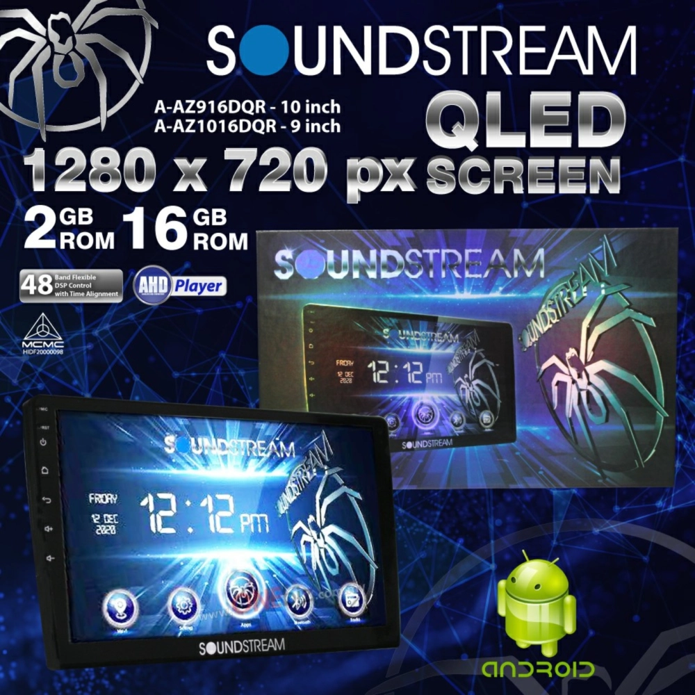 Soundstream QLED Screen 1280 x 720px 2 GB RAM + 16 GB ROM A-AZ916DQR / A-AZ1016DQR