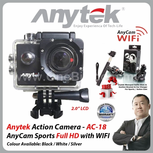 Anytek AnyCam Sports Full HD Action Camera with Wifi + Free Anytek Monopod Selfie Stick & Car Charger - AC-18