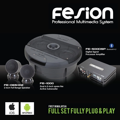 Fesion Audio System Upgrade Fully Plug and Play - DSP Digital Signal Processor Amplifier + Dual Active Subwoofer (Round) + 2 inch Full Range Speaker FE-DSP-01R