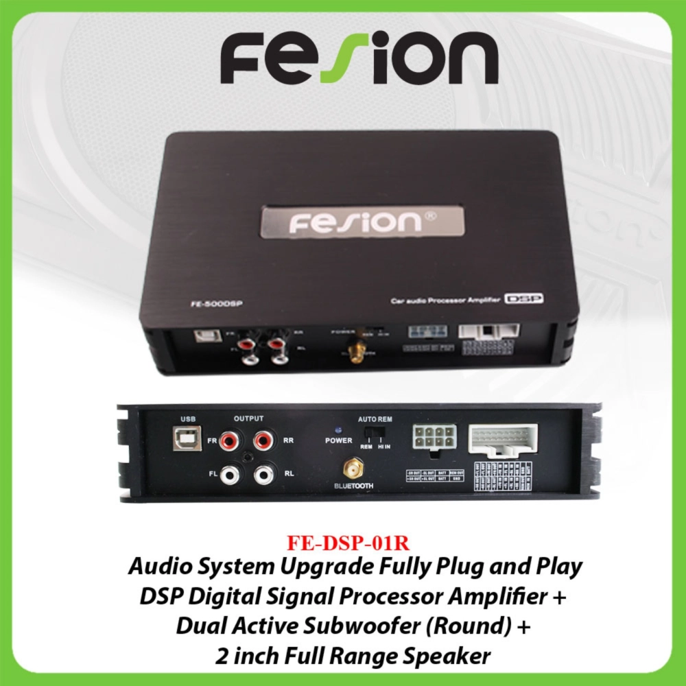 Fesion Audio System Upgrade Fully Plug and Play - DSP Digital Signal Processor Amplifier + Dual Active Subwoofer (Round) + 2 inch Full Range Speaker FE-DSP-01R