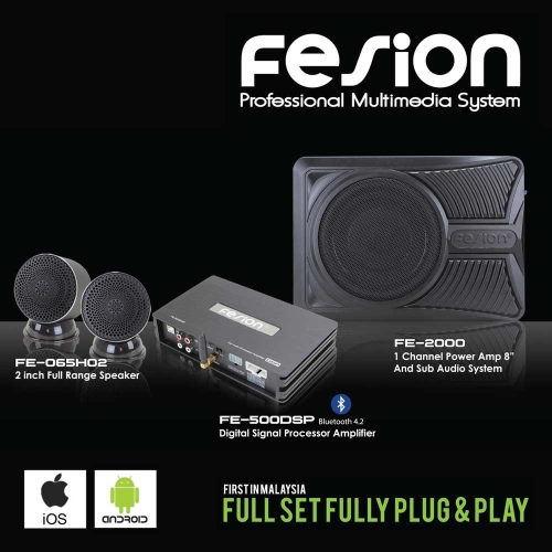 Fesion Audio System Upgrade Fully Plug and Play - DSP Digital Signal Processor Amplifier + Underseat Active Subwoofer + 2 inch Full Range Speaker FE-DSP-02U