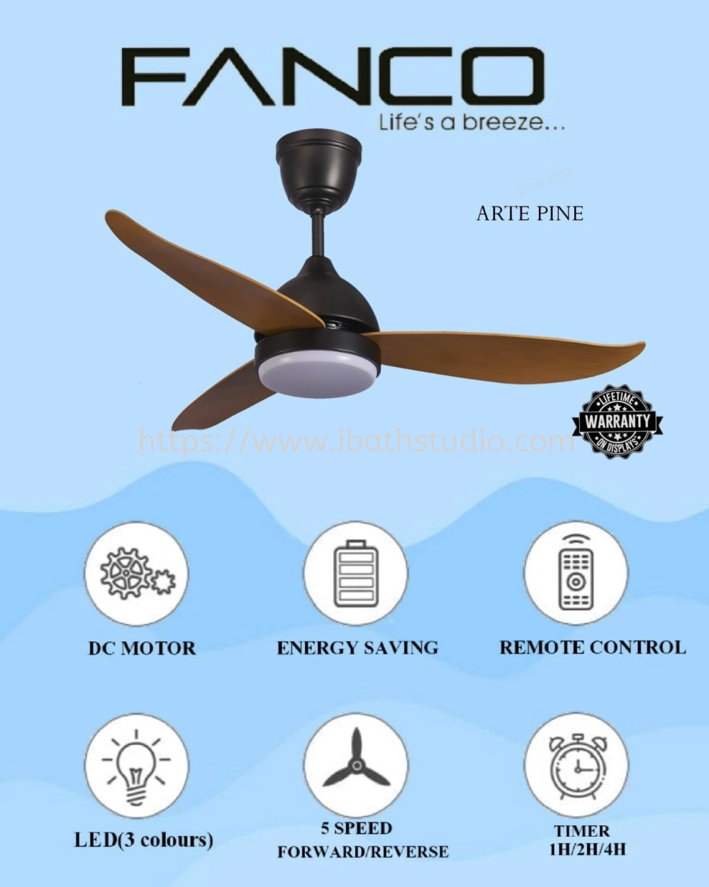 Fanco Arte F1311 36"/46"/52" Pine DC Motor Ceiling Fan