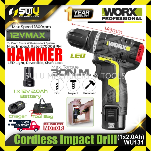 WORX WU131 12V Cordless Impact Drill 1800rpm w/ 1 x 2.0Ah Battery + 1 x Charger Cordless Impact Drill Cordless Power Tools Power Tool Kuala Lumpur (KL), Malaysia, Selangor, Setapak Supplier, Suppliers, Supply, Supplies | Sui U Machinery & Tools (M) Sdn Bhd