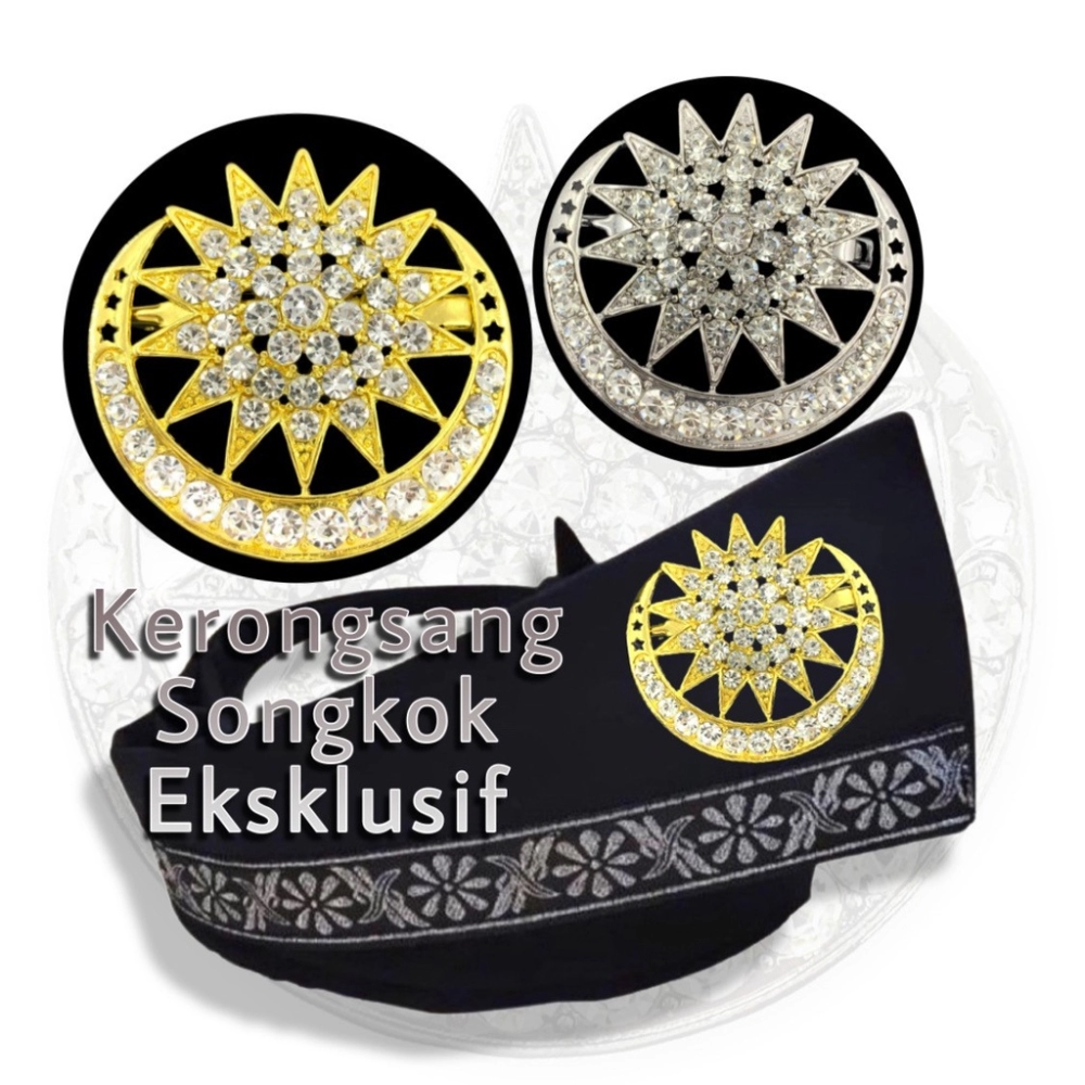 Elegant Brooch [3.5cm & 5.5cm] Eksklusif Dokoh Songkok Bulan Bintang Kerongsang Nikah Muslimin Kerongsang Songkok