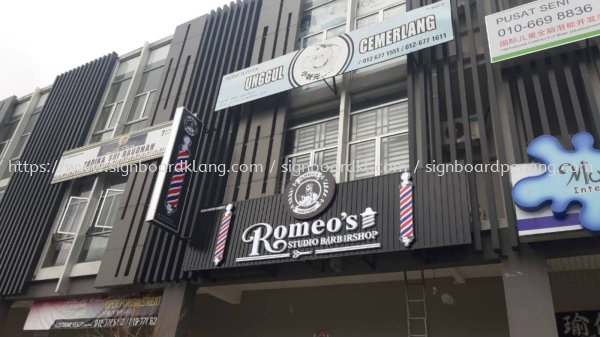 romeos barbershop hairshop aluminium ceiling trism casing 3d led frontlit lettering logo signage signbaord at klang kuala lumpur shah alam puchong kepong subang damansara 3D ALUMINIUM CEILING TRIM CASING BOX UP SIGNBOARD Selangor, Malaysia, Kuala Lumpur (KL) Supply, Manufacturers, Printing | Great Sign Advertising (M) Sdn Bhd