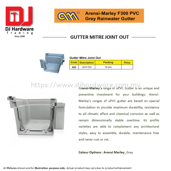 ARENSI MARLEY F300 PVC GREY RAINWATER GUTTER MITRE JOINT OUT AO(CL) BUILDING SUPPLIES & MATERIALS Selangor, Malaysia, Kuala Lumpur (KL), Sungai Buloh Supplier, Suppliers, Supply, Supplies | DJ Hardware Trading (M) Sdn Bhd