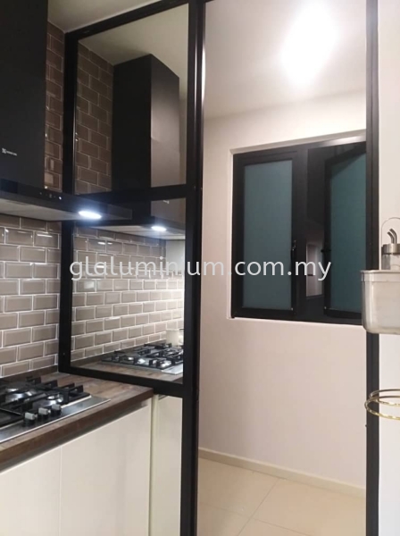 S. door 2 panel ( powder coated black + 5mm mirror)  Aluminium Sliding Doors Selangor, Malaysia, Kuala Lumpur (KL), Cheras Supplier, Installation, Supply, Supplies | GL GLASS & ALUMINIUM TRADING