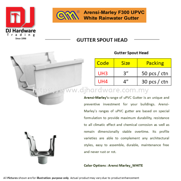 ARENSI MARLEY F300 UPVC WHITE RAINWATER GUTTER SPOUT HEAD UH3 UH4  (CL) BUILDING SUPPLIES & MATERIALS Selangor, Malaysia, Kuala Lumpur (KL), Sungai Buloh Supplier, Suppliers, Supply, Supplies | DJ Hardware Trading (M) Sdn Bhd