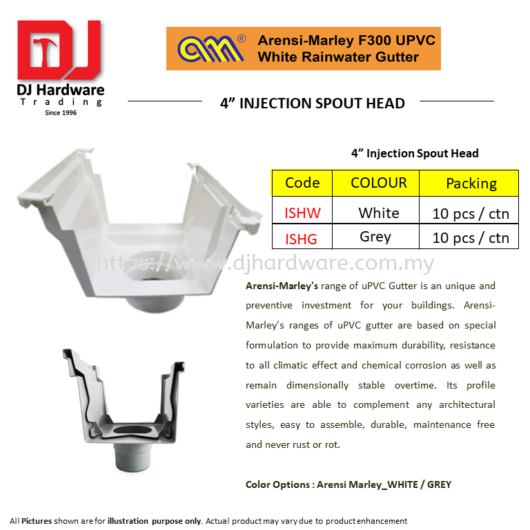 ARENSI MARLEY F300 UPVC WHITE RAINWATER GUTTER 4 INJECTION SPOUT HEAD ISHG  GREY (CL) BUILDING SUPPLIES