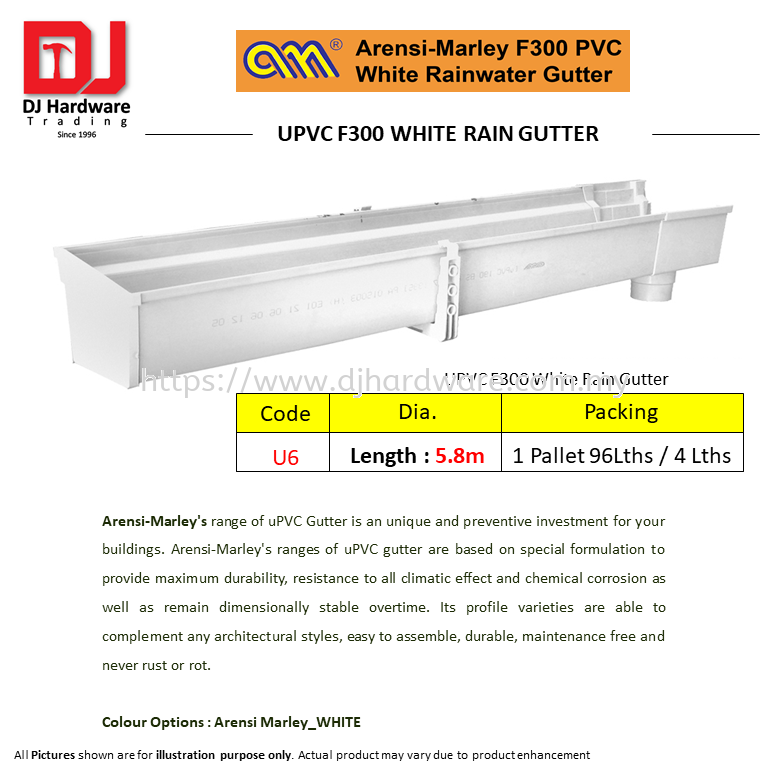 ARENSI MARLEY F300 PVC WHITE RAINWATER GUTTER UPVC F300 WHITE RAIN GUTTER  U6 (CL) BUILDING SUPPLIES