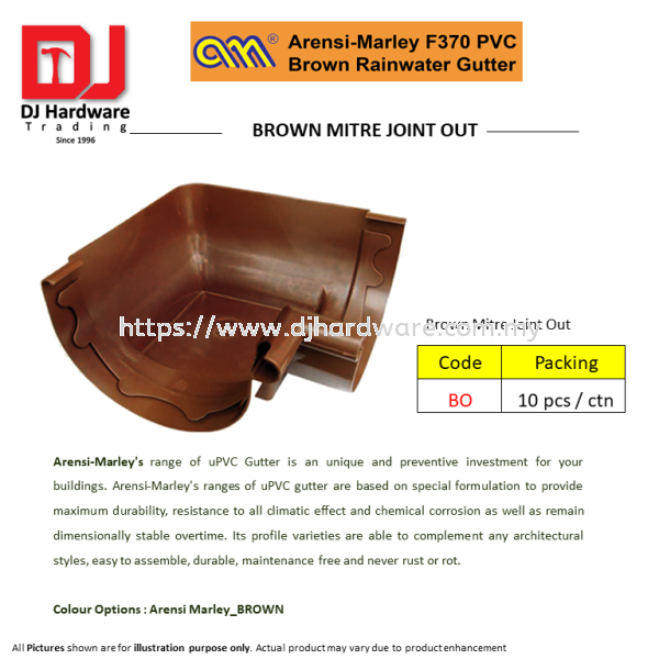 ARENSI MARLEY F370 PVC BROWN RAINWATER GUTTER BROWN MITRE JOINT OUT BO (CL) BUILDING SUPPLIES & MATERIALS Selangor, Malaysia, Kuala Lumpur (KL), Sungai Buloh Supplier, Suppliers, Supply, Supplies | DJ Hardware Trading (M) Sdn Bhd