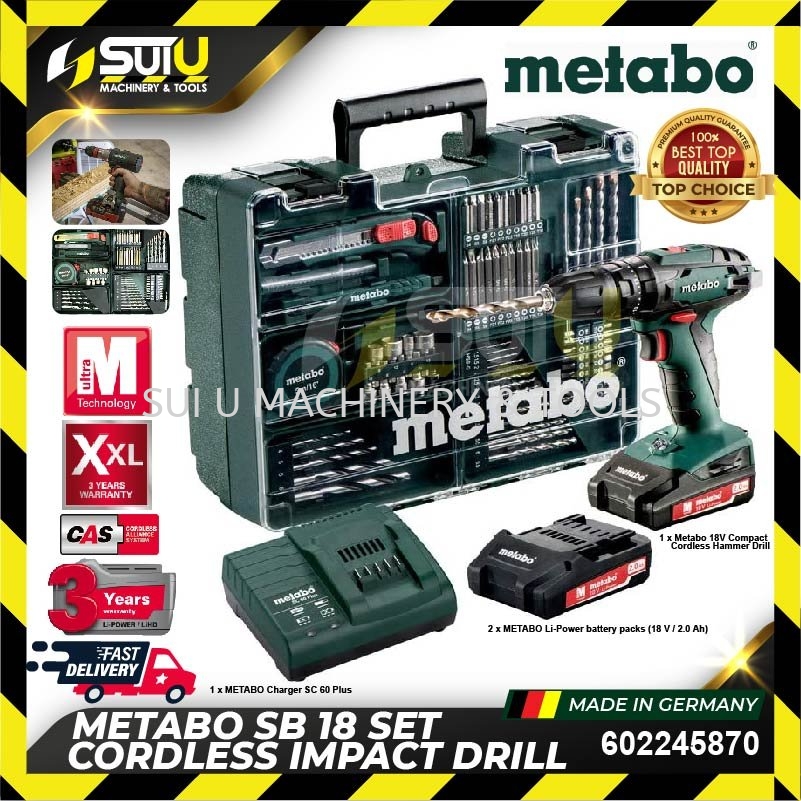 METABO 602245870 SB18 Set Cordless Impact Drill w/ 2x 18V 2.0Ah Batteries +  1 x