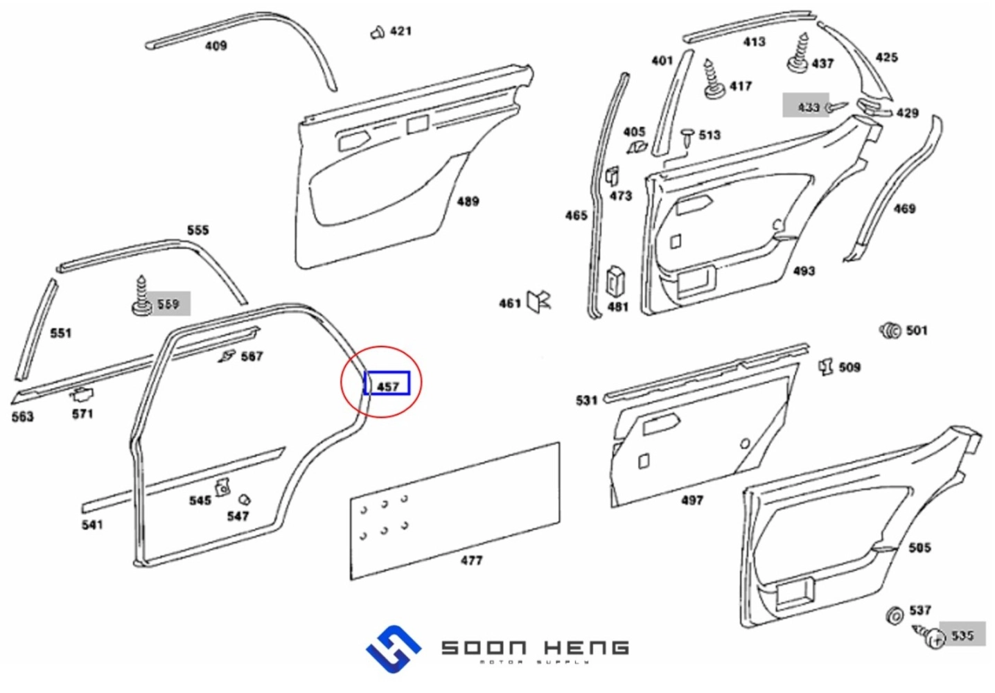 Mercedes-Benz W116 - Rear Left Door Rubber Seal/ Weatherstrip (Lemforder)