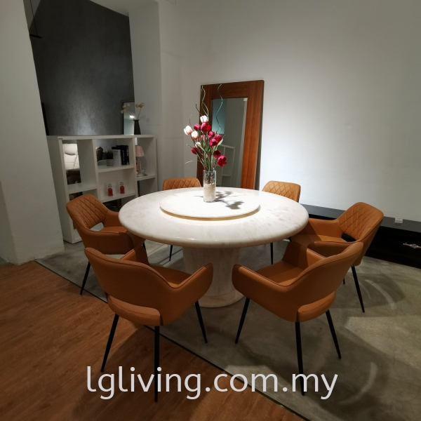 Marble Dining Table with Round Marble Base + Lazy Susan + 6 Dining Chairs  (BR4+BLR1+BTT2+X2056) DINING SET DINING ROOM Penang, Malaysia Supplier, Suppliers, Supply, Supplies | LG FURNISHING SDN. BHD.