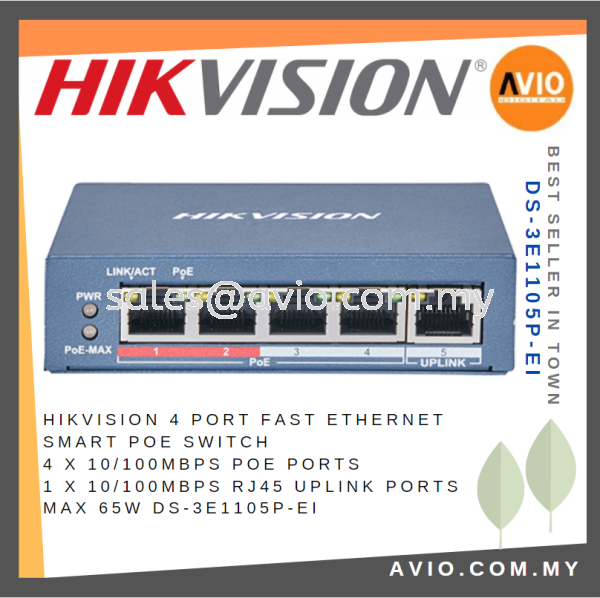 Hikvision 4 Port Ethernet Smart POE Switch 4x 100mb POE 1x 100mb RJ45 Uplink 65w DS-3E1105-EI SWITCH HIKVISION Johor Bahru (JB), Kempas, Johor Jaya Supplier, Suppliers, Supply, Supplies | Avio Digital