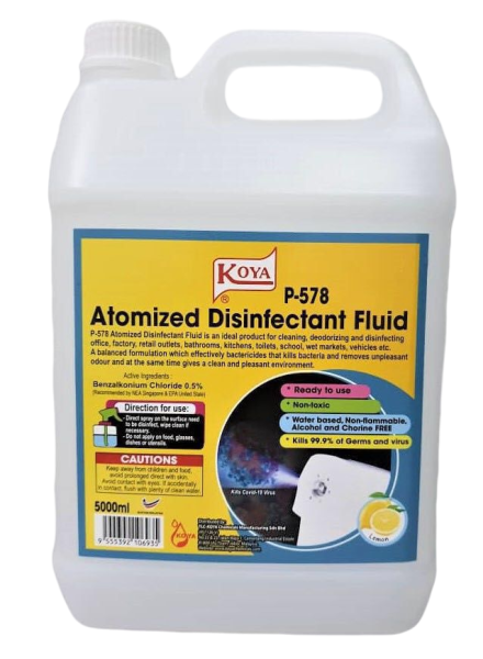 P-578 ATOMIZED DISINFECTANT FLUID Industrial Maintenance Malaysia, Johor Bahru (JB), Ulu Tiram Supplier, Manufacturer, Supply, Supplies | TLC-KOYA CHEMICALS MANUFACTURING SDN BHD