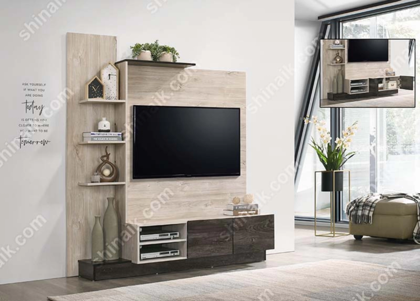 TV610001(KD) (5.5'ft) Whitewash & Dark Oak Two-Tone Modern TV Display Cabinet