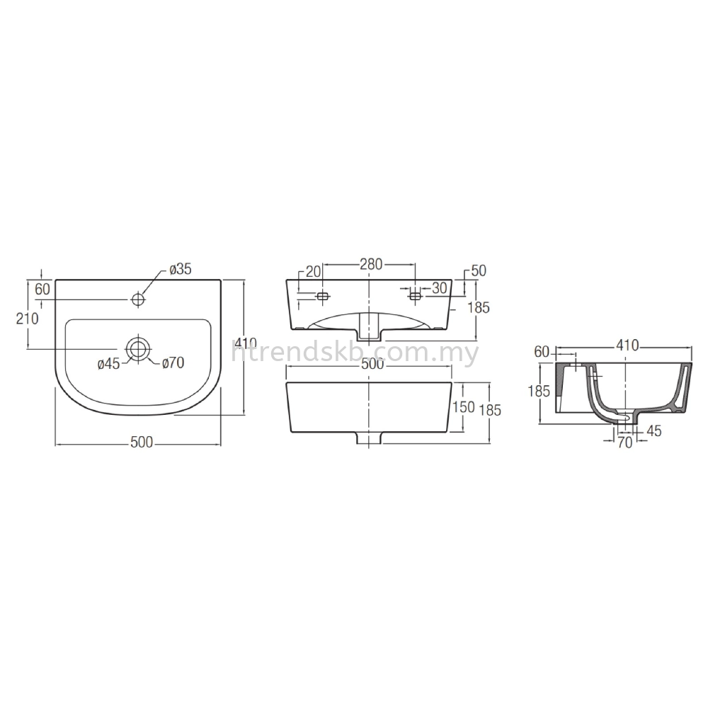 Johnson Suisse Latina 500 Wall Hung Basin (WBSALT101WW)