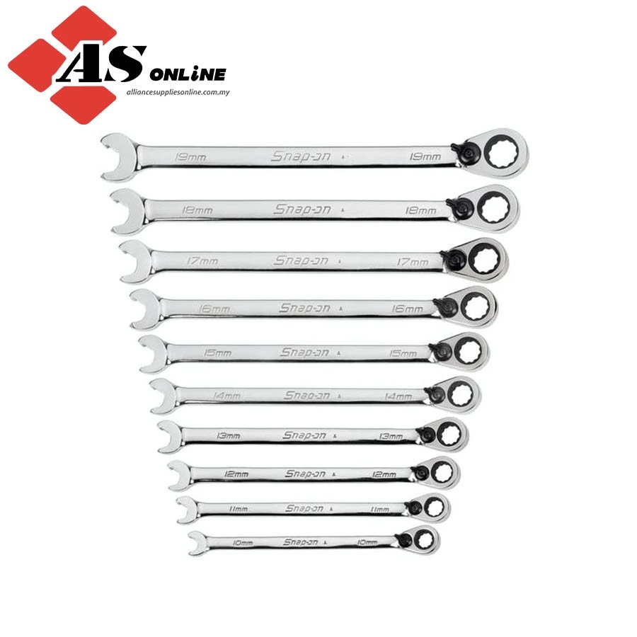 SNAP-ON 10 pc 12-Point Metric Flank Drive Ratcheting Box/ Speed Open-End Combination Wrench Set (10-19 mm) / Model: SRXRM710