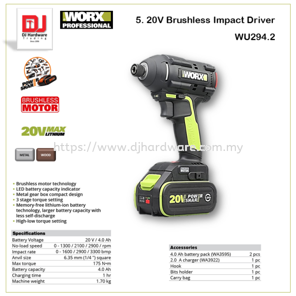 WORX 20V BRUSHLESS IMPACT DRIVER WU294.2 (WO) POWER TOOLS TOOLS & EQUIPMENTS Selangor, Malaysia, Kuala Lumpur (KL), Sungai Buloh Supplier, Suppliers, Supply, Supplies | DJ Hardware Trading (M) Sdn Bhd