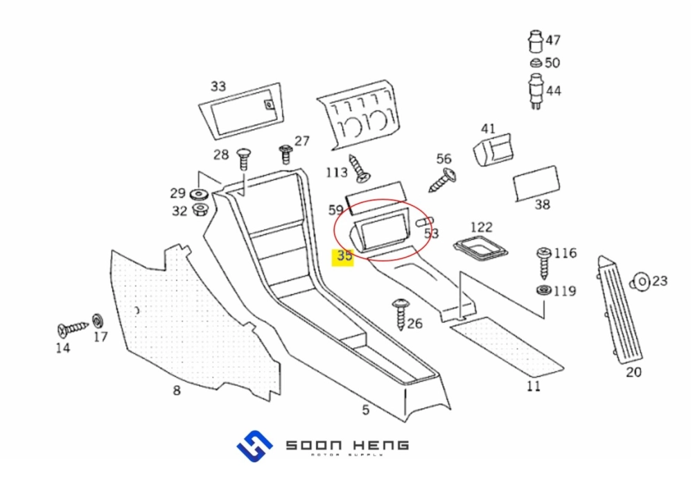 Mercedes-Benz W124, C124 and S124 - Front Housing with Ashtray (Zebrano) (Original MB)  