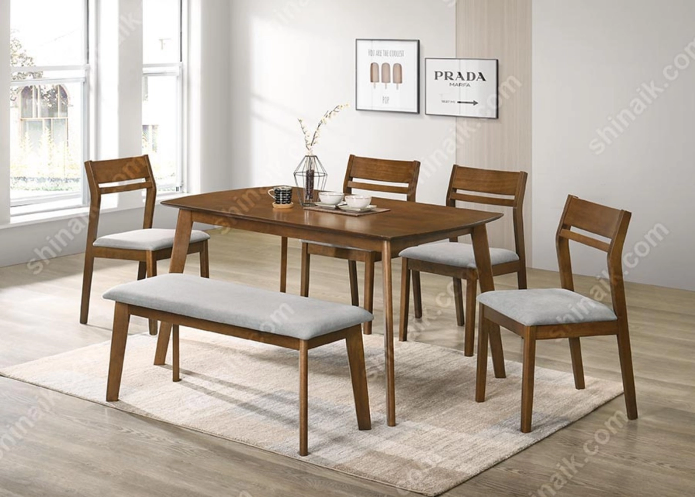 DC2223(KD) (6pax) Walnut & Grey Mid-Century Fabric Upholstered Wooden Dining Set