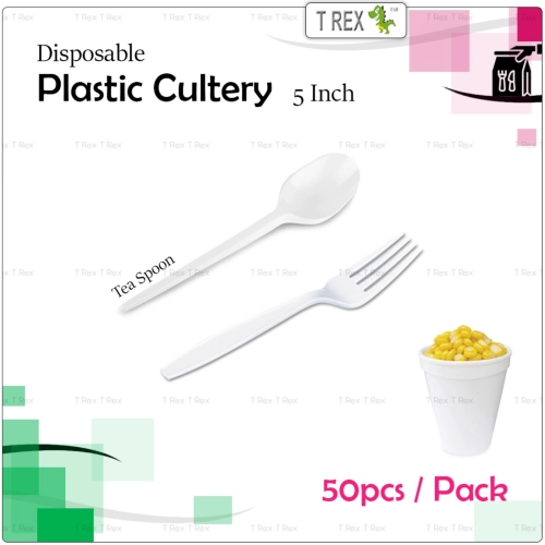 [ECON] 50pcs Disposable Plastic Tea Spoon / Plastic Fork - 5 Inch - White