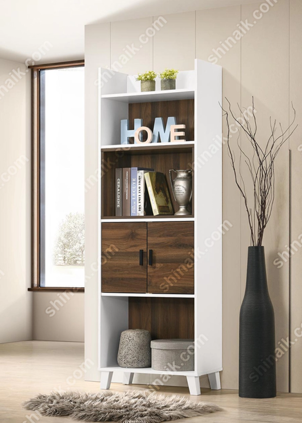 DC63065 (2'ft) White & Walnut Two-Tone Modern Open Display Cabinet