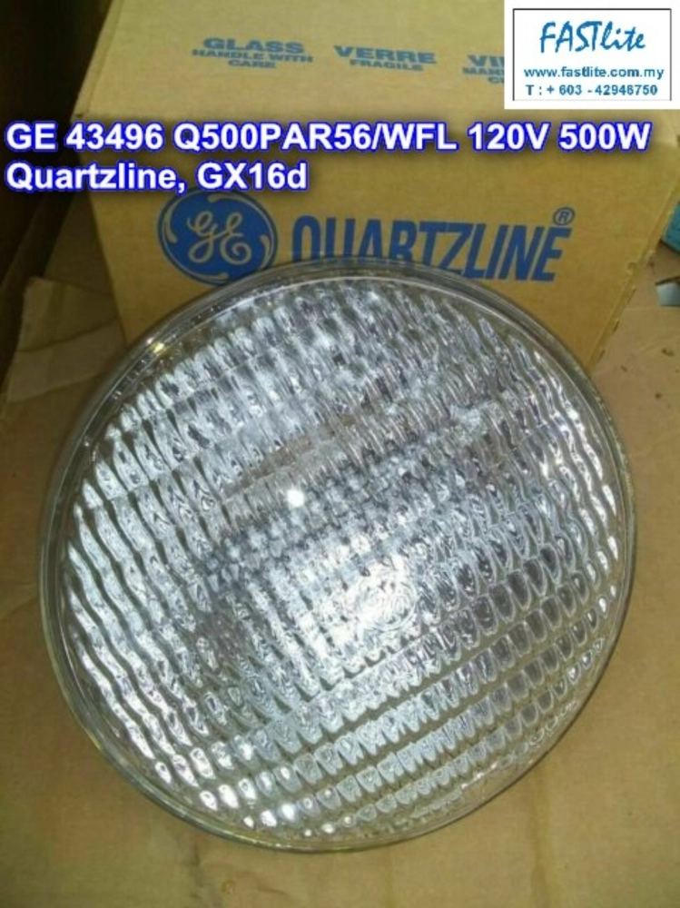 GE 43496 PAR56/WFL 120v 500w GX16d Quartzline bulb (Assemble in USA)