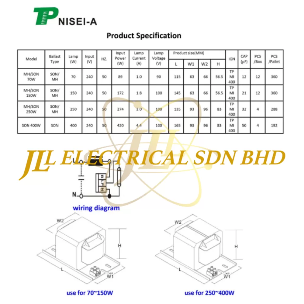 NISEI MAGNETIC H.I.D MAGNETIC CHOKE / BALLAST, COPPER 70W-400W 240V. FOR SON, METAL HALIDE & MERCURY