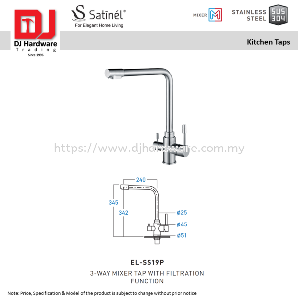 SATINEL FOR ELEGANT HOME LIVING STAINLESS STEEL SUS 304 MIXER KITCHEN TAPS 3 WAY MIXER TAP WITH FILTRATION FUNCTION EL SS19P (OEL) TAPS KITCHEN KITCHEN & BATHROOM Selangor, Malaysia, Kuala Lumpur (KL), Sungai Buloh Supplier, Suppliers, Supply, Supplies | DJ Hardware Trading (M) Sdn Bhd